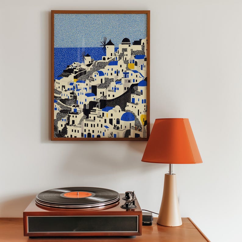 Santorini Wall Art Print, Pop Art Modern Greece Large Size Poster Travel Gift Canvas