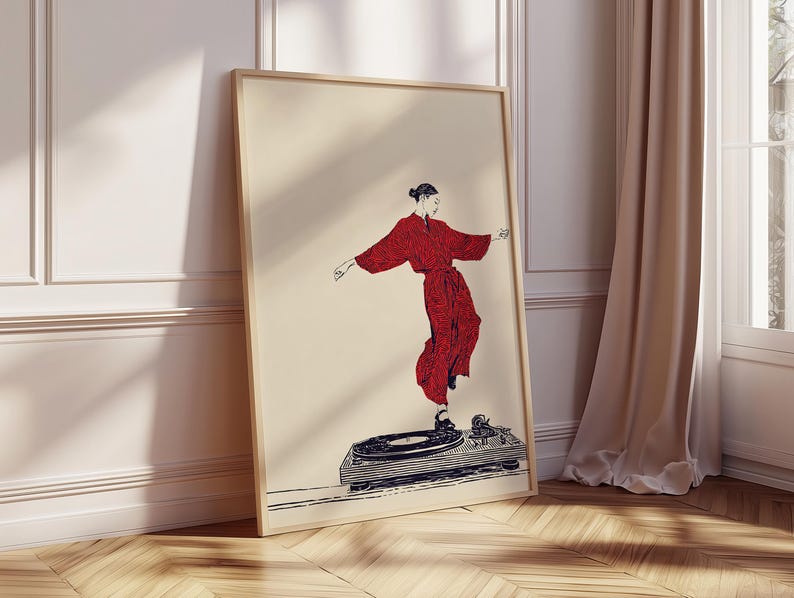 Red Dancer Illustration Poster | Vinyl Turntable Music Art | Minimal Line Figure Print