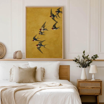 Minimal Swallow Flock Art Print Modern Japanese Flying Birds Poster Mustard Yellow Japandi Wall Art