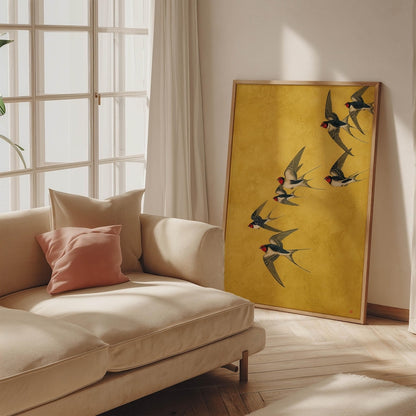 Minimal Swallow Flock Art Print Modern Japanese Flying Birds Poster Mustard Yellow Japandi Wall Art