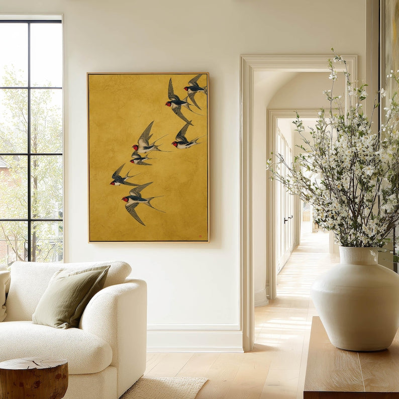 Minimal Swallow Flock Art Print Modern Japanese Flying Birds Poster Mustard Yellow Japandi Wall Art