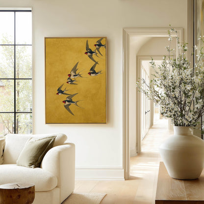Minimal Swallow Flock Art Print Modern Japanese Flying Birds Poster Mustard Yellow Japandi Wall Art
