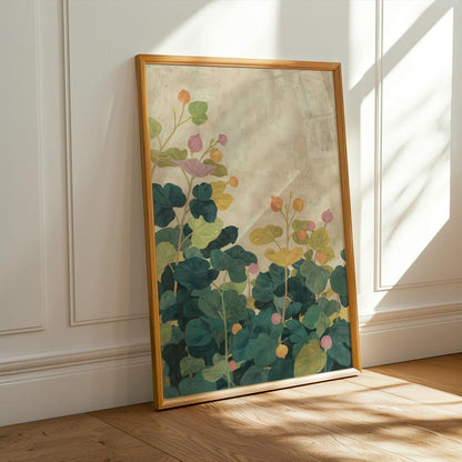 Floral poster, painterly botanical art, pastel teal leaves and round blooms, calm vintage beige texture, Scandi-inspired wall print