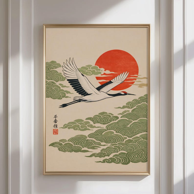 Japanese Wall Art - Flying Crane Print, Red Sun & Green Clouds Woodblock Print, Minimalist Asian Art, Poster for Japandi Home Decor