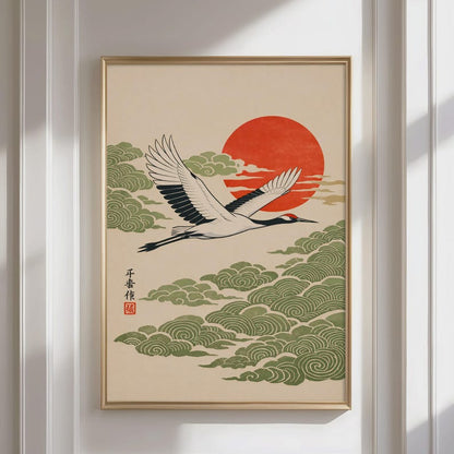 Japanese Wall Art - Flying Crane Print, Red Sun & Green Clouds Woodblock Print, Minimalist Asian Art, Poster for Japandi Home Decor