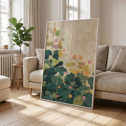 Floral poster, painterly botanical art, pastel teal leaves and round blooms, calm vintage beige texture, Scandi-inspired wall print