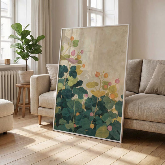 Floral poster, painterly botanical art, pastel teal leaves and round blooms, calm vintage beige texture, Scandi-inspired wall print