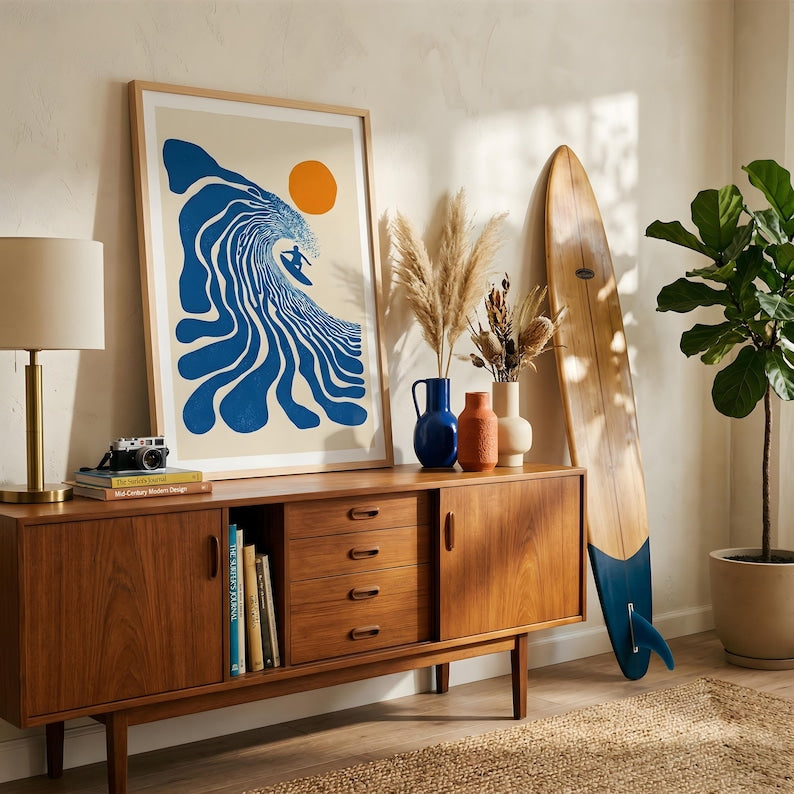 Retro Surfer Art Print | Abstract Wave Wall Art | Coastal Beach Decor | Minimalist Surf Poster | Blue Ocean Wave Print Unframed