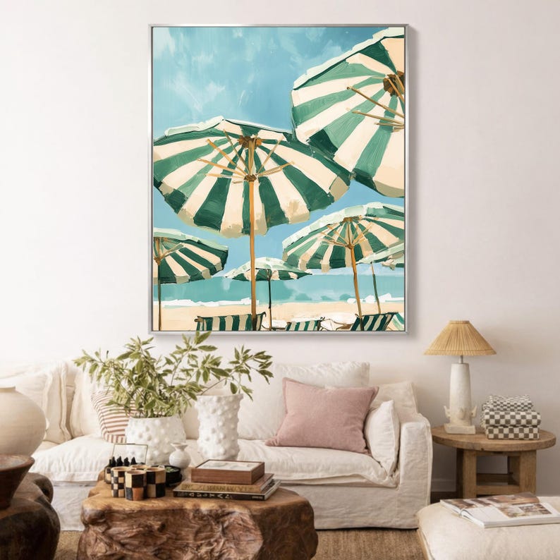 Coastal Sage Green Beach Umbrellas Canvas Art | Beach House Statement Piece