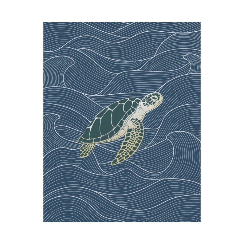 Sea Turtle Wall Art Print, Ocean Waves Minimalist Poster, Coastal Decor, Nautical Wall Art, Beach House Satin Print, Marine Life Art
