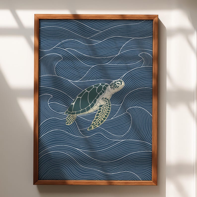 Sea Turtle Wall Art Print, Ocean Waves Minimalist Poster, Coastal Decor, Nautical Wall Art, Beach House Satin Print, Marine Life Art