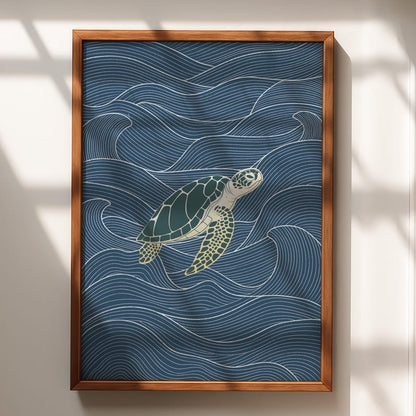 Sea Turtle Wall Art Print, Ocean Waves Minimalist Poster, Coastal Decor, Nautical Wall Art, Beach House Satin Print, Marine Life Art