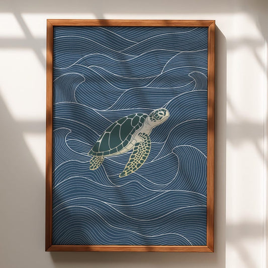 Sea Turtle Wall Art Print, Ocean Waves Minimalist Poster, Coastal Decor, Nautical Wall Art, Beach House Satin Print, Marine Life Art