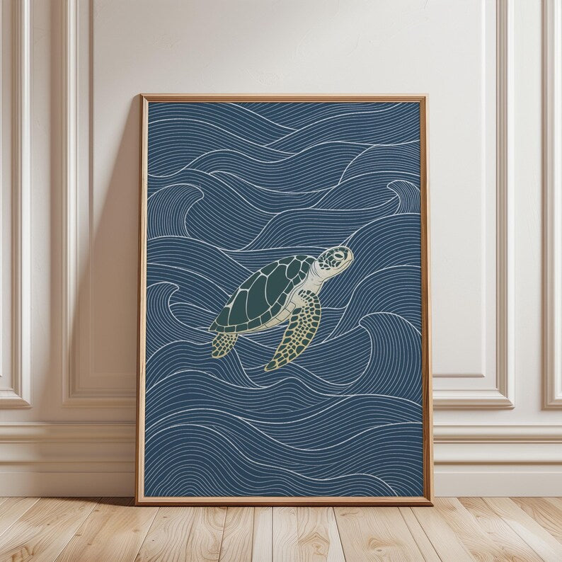 Sea Turtle Wall Art Print, Ocean Waves Minimalist Poster, Coastal Decor, Nautical Wall Art, Beach House Satin Print, Marine Life Art