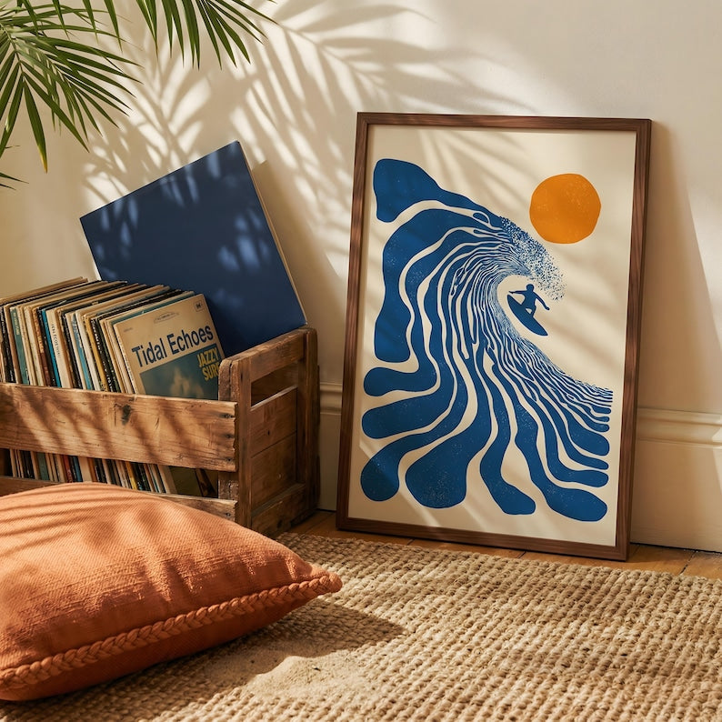 Retro Surfer Art Print | Abstract Wave Wall Art | Coastal Beach Decor | Minimalist Surf Poster | Blue Ocean Wave Print Unframed