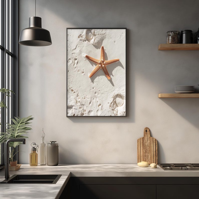 Minimalist Starfish Wall Art Print, Coastal Beach Sand Poster, Neutral Ocean Decor, Modern Beach House Bathroom Artwork