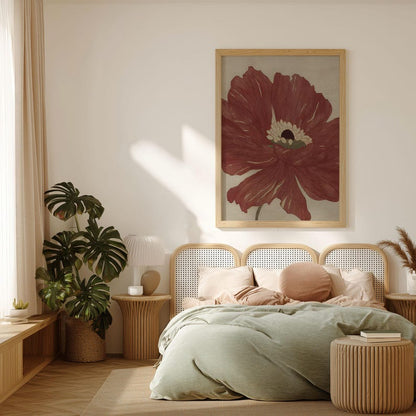 Warm Red Romantic Poppy Flower Art Print, Minima Art Nouveau Floral Poster, Boho Bedroom Botanical Wall Art