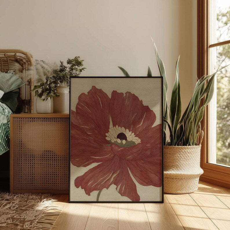 Warm Red Romantic Poppy Flower Art Print, Minima Art Nouveau Floral Poster, Boho Bedroom Botanical Wall Art