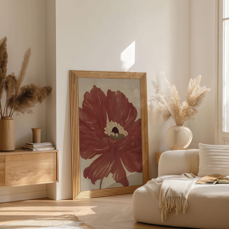 Warm Red Romantic Poppy Flower Art Print, Minima Art Nouveau Floral Poster, Boho Bedroom Botanical Wall Art